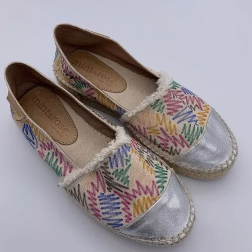 Mint & Rose Espadrilles Sz 6 Wicker Metallic Cap Toe Zig Zag Print Shoes flats - Picture 8 of 11